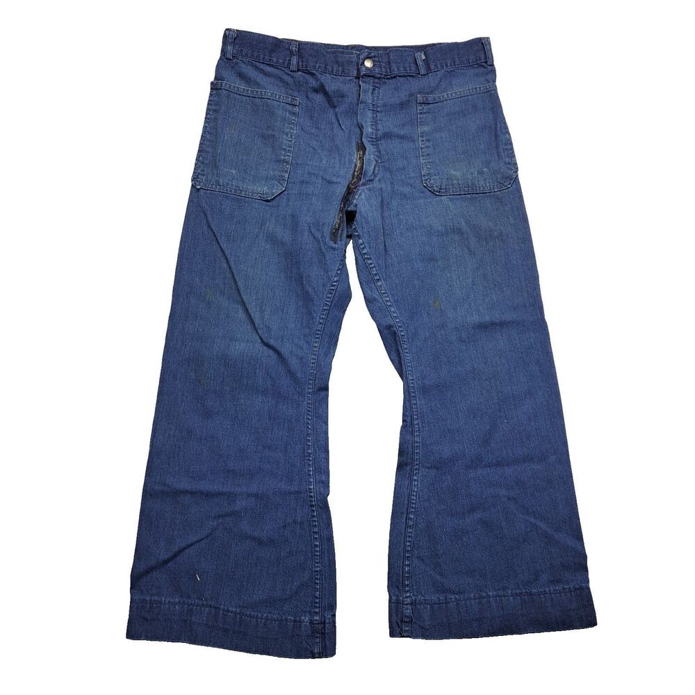 Vintage Seafarer Jeans Mens 32x25 Blue Bell Bottom Flare Navy Dungaree Zip